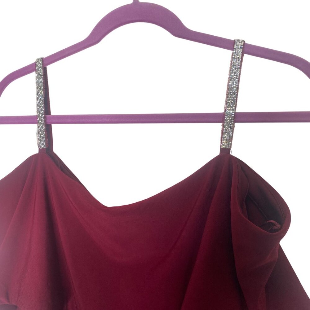 R&M Richards Jumpsuit Size M Burgundy Rhinestone Ruffle - Picture 2 of 13